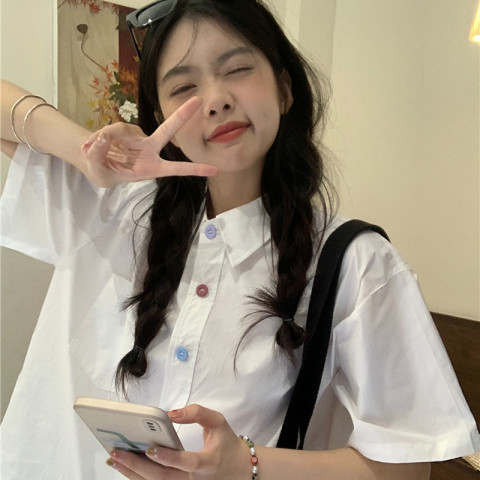 Hong Kong style retro design rainbow button shirt female student loose short-sleeved shirt summer Korean version of the all-match top female