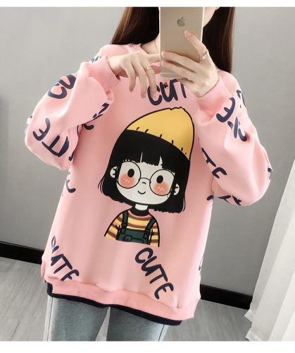 Official picture spring clothes 25 cotton 75 polyester fiber loose cartoon printing fake two pieces thin section sweater women