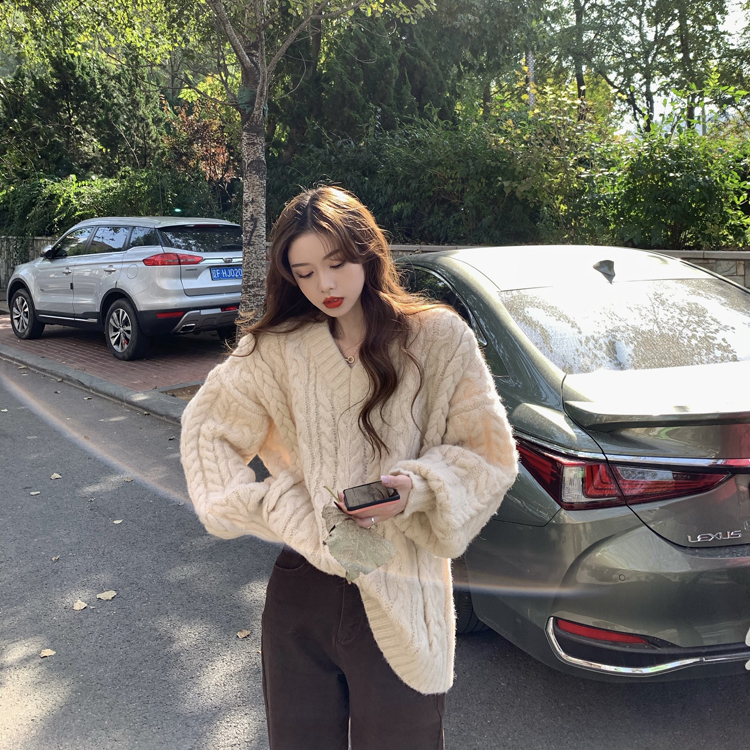 Twist sweater women's loose outer wear new spring thickened Korean long sleeve collar soft waxy sweater
