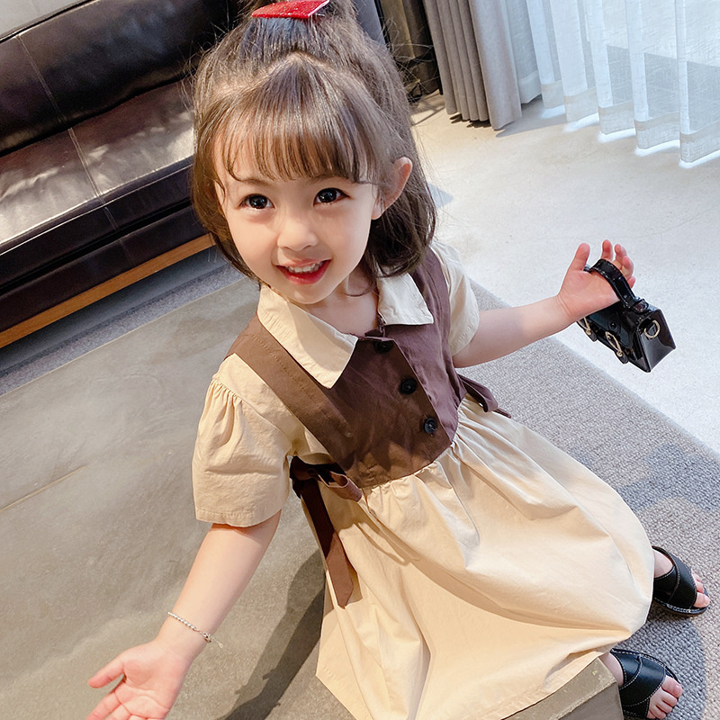 Girls foreign style fake two-piece dress 2023 summer new Korean version of children's net red splicing skirt baby summer dress