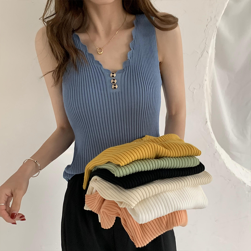 Real shooting of new summer large button suspender vest for women Xia Bing silk knitted bottomed shirt collar for women