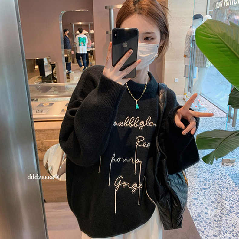 Seattle Memories Puzzle Casual Destructive Letter Embroidered Sweater Women's Lazy Loose Top