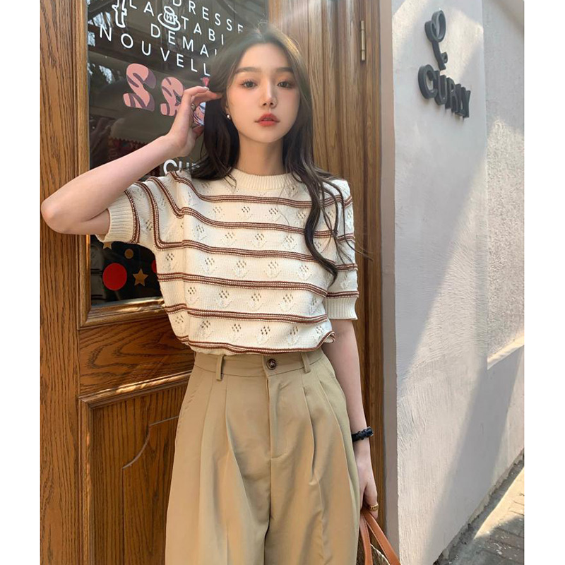 Summer women's hollow striped short-sleeved sweater sweet temperament small fresh Korean version thin section round neck T-shirt female