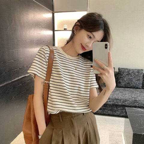 Pit Stripe Vintage Stripe Short Sleeve T-Shirt Women's Design Sense Round Neck Summer Loose Fit
