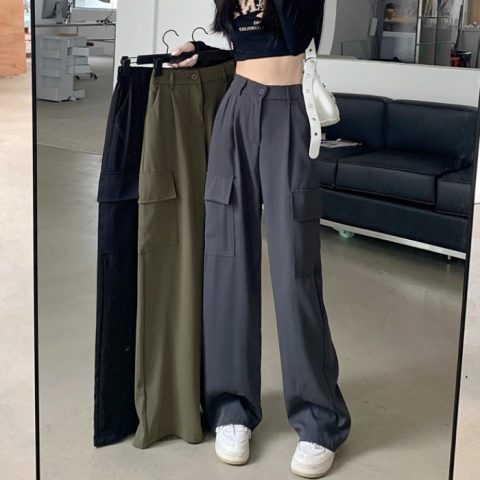 Spring American retro tooling casual pants women's high waist pocket suit pants loose slim straight wide leg trousers