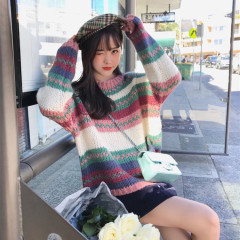 Fall 2020 languid mid long loose cut age contrast stripe color sweater for women