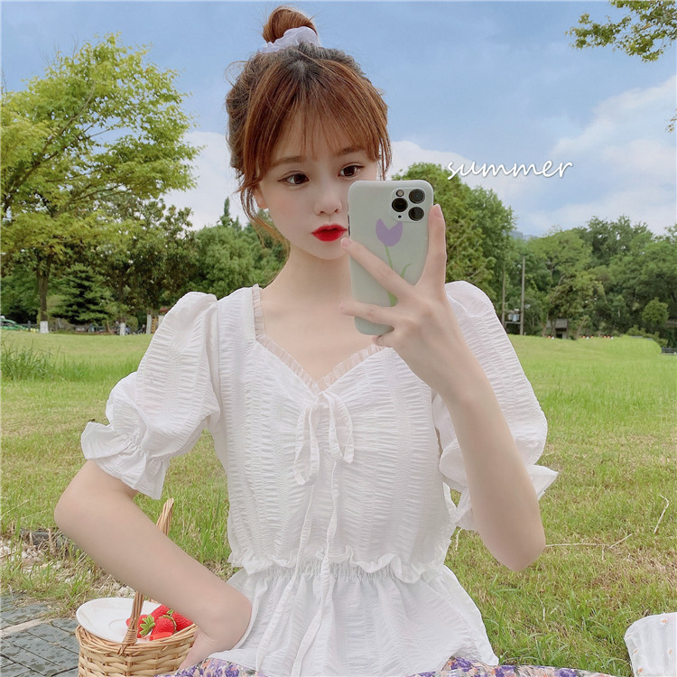 100% polyester small floral drawstring shirt women's V-neck short top