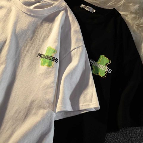 2022 American retro bear letter short sleeve T-shirt women's fashion brand loose Korean ins student Harajuku style top