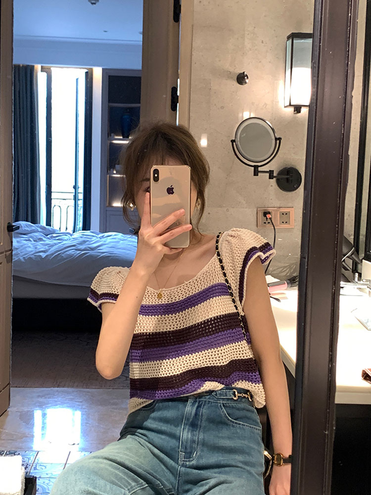 Gentle wind retro gas short sleeve round neck flying sleeve short hollow thin purple striped sweater top female