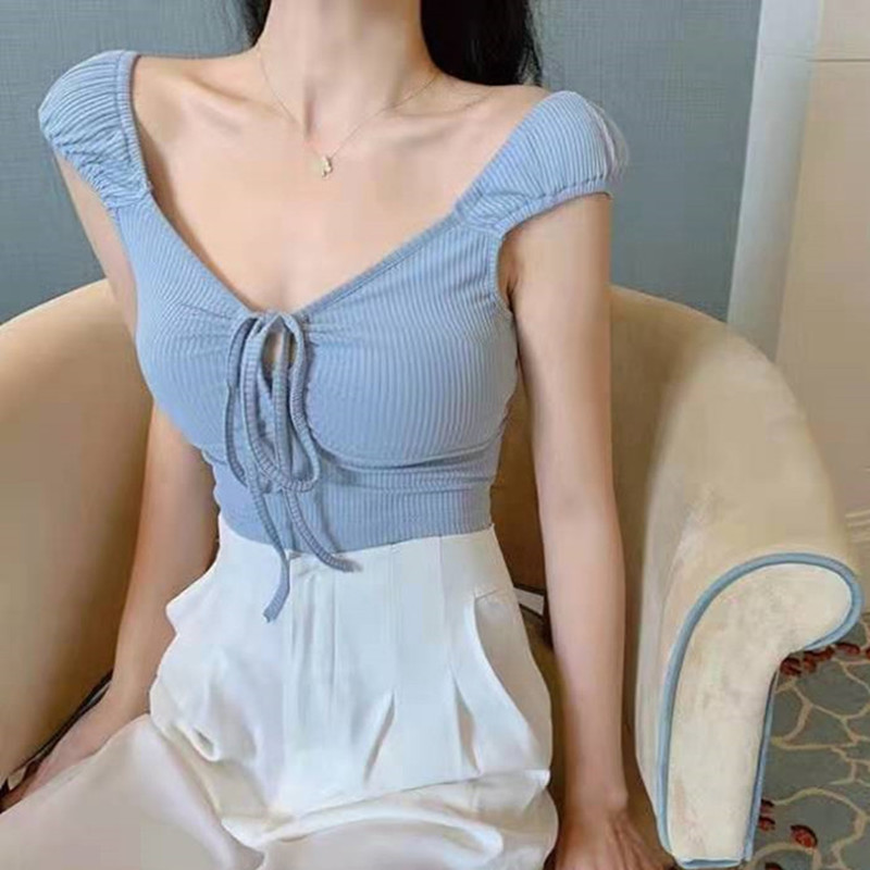 New spring and summer women's top elegant style one word pull shoulder strap knitted suspender vest fashion