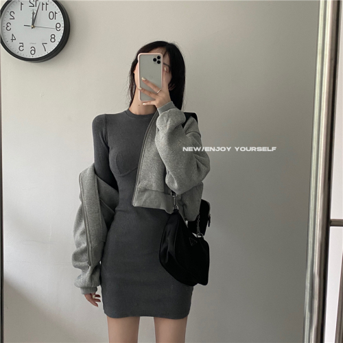 Real price ~ fall 2020 grey hooded zipper short coat women + slim bottomed dress