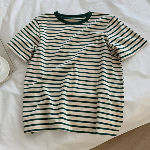 Summer loose round neck top new short-sleeved t-shirt women's stripes