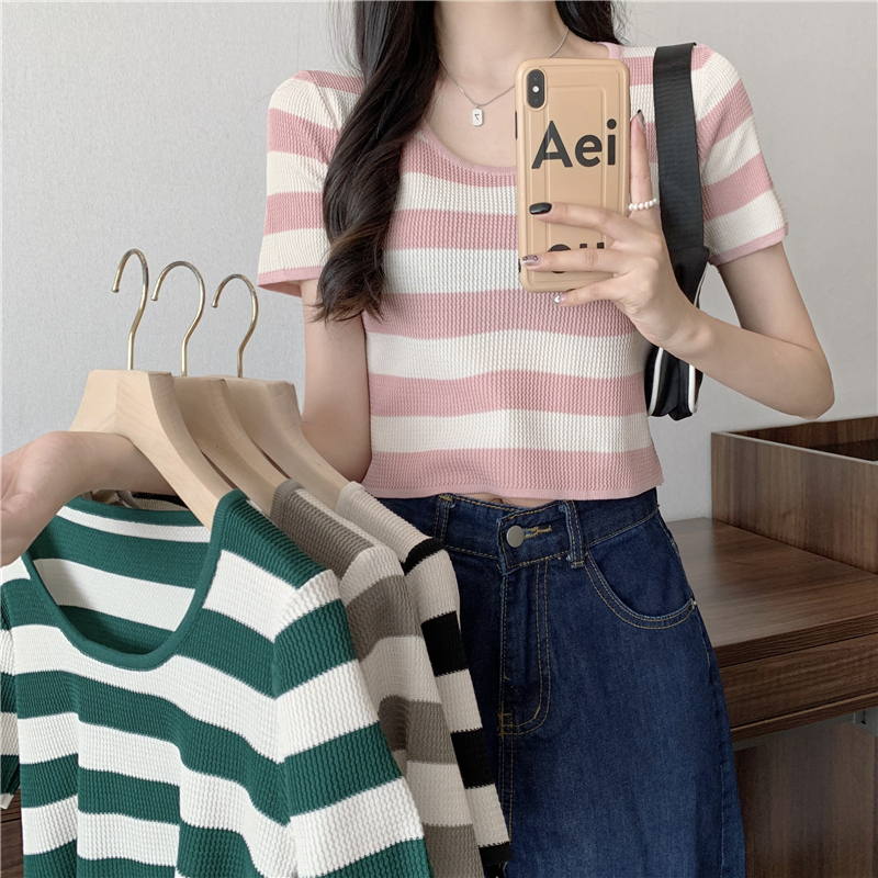 Real shot real price square collar striped sweater women's summer new sweet slim slim short short-sleeved top