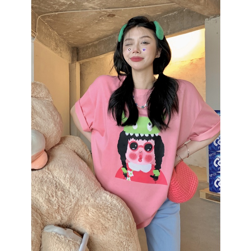 Real cotton 2022 summer new fashion versatile short sleeve printed Korean T-shirt women