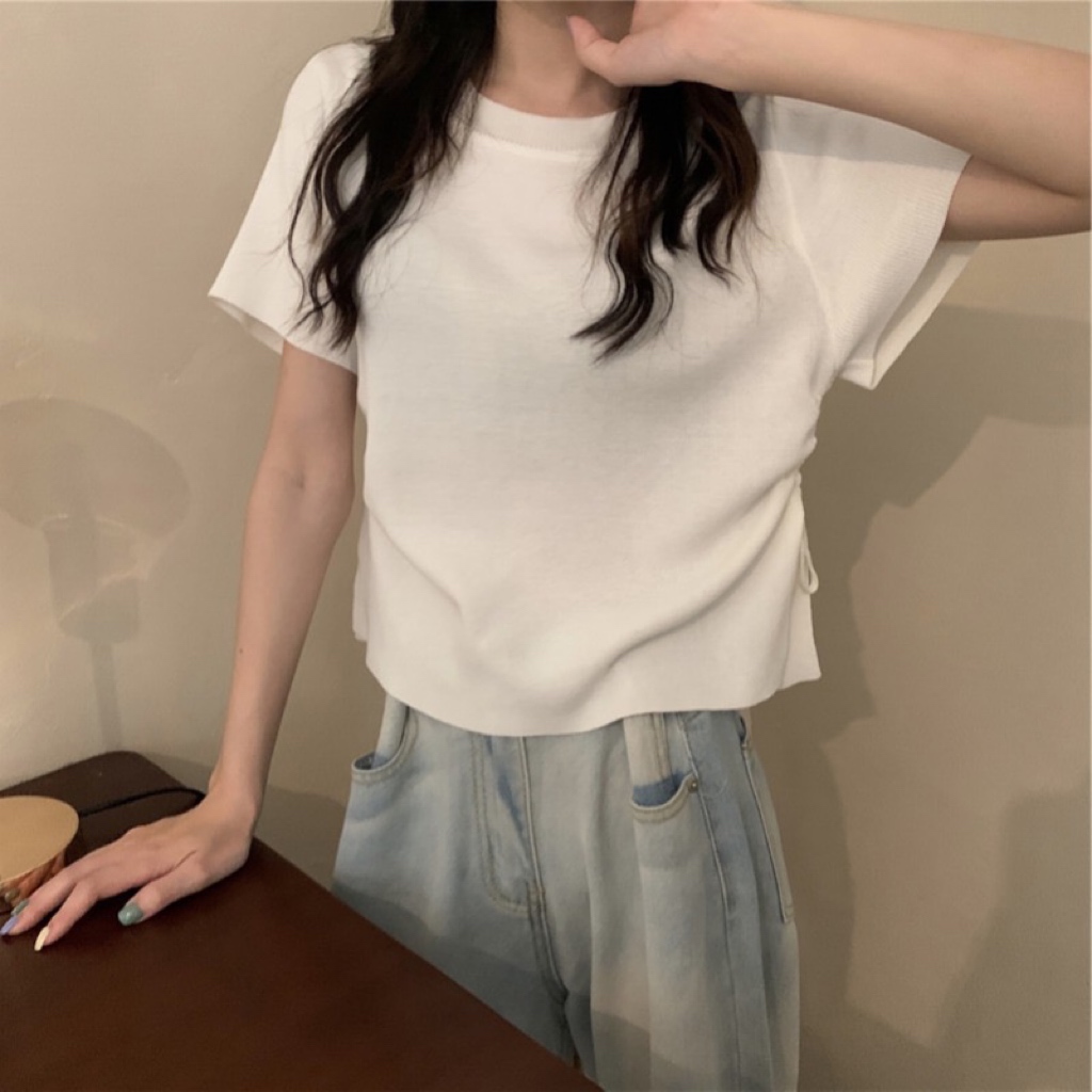 65 pull frame cotton summer French drawstring short sleeve T-shirt loose and thin knit design