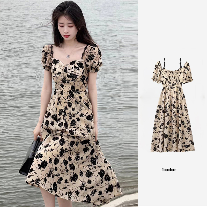 Dry rose Hepburn style dress French high waist skirt design chic tea break floral long skirt for women