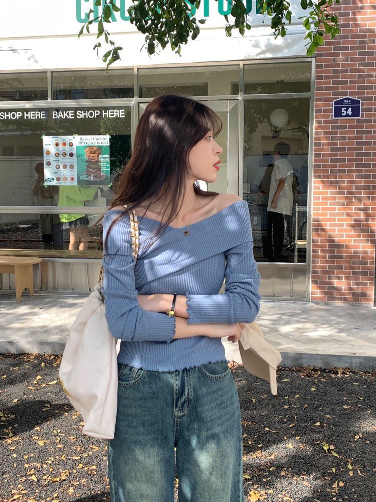 PPHOME pink and peach fragrance ~ one-shoulder long-sleeved knitted sweater autumn design with bottoming shirt pure desire top