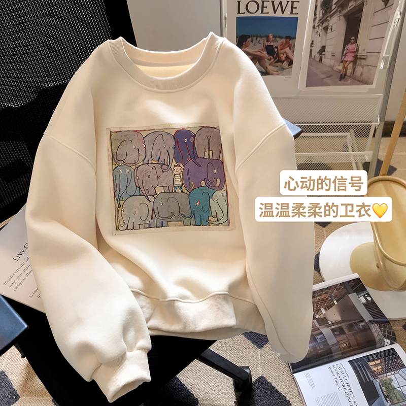 Little C's cartoon elephant print fleece sweater women's 2022 autumn and winter new loose casual all-match pullover top