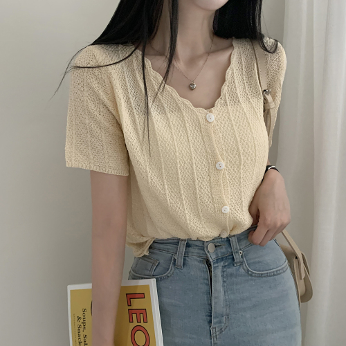 Real price Korean version of chic spring and summer new sweet and fragrant lace wavy V-neck short-sleeved ice silk knitted cardigan