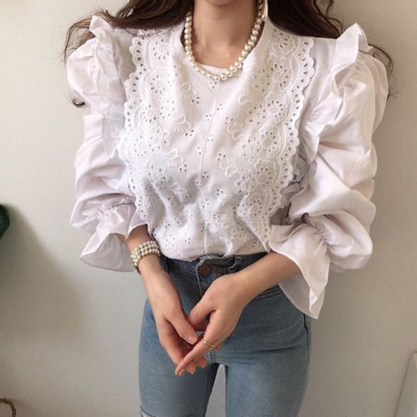 Korean chic court style hollow out fungus edge stitching bubble sleeve Long Sleeve Shirt