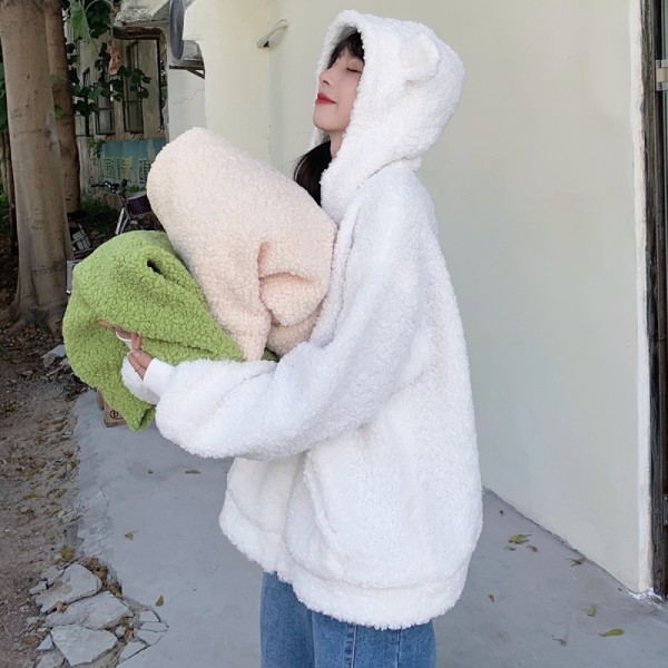 Real shooting imitation lamb hair cute ears hooded loose sweater