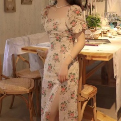 2022 new long skirt tea break French design sense of minority collar bubble sleeve floral dress children's summer