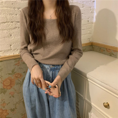 Real shot real price slim fit solid color versatile square collar knit T-shirt with long sleeve top underneath