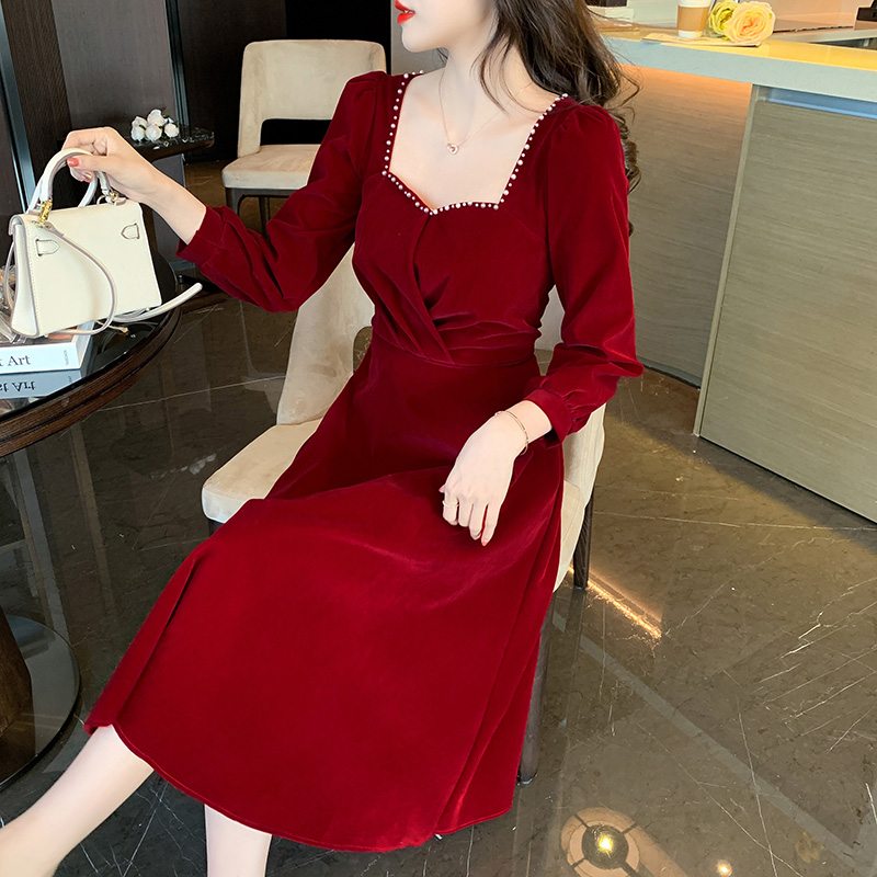 Real shot toast dress bride autumn wine red velvet long-sleeved wedding dress dress wedding thank you banquet dress
