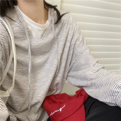 Real shot real price ~ languid wind stripe V-neck hooded long sleeve T-shirt women's fall 2020 Korean casual Pullover