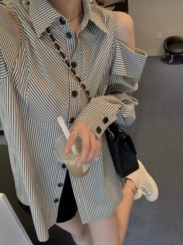 Design stripe off-the-shoulder long-sleeved shirt women's summer 2022 new thin Hong Kong style retro loose sunscreen cardigan