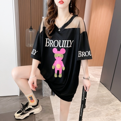 Real shot summer mesh stitching mid-length off-the-shoulder short-sleeved T-shirt for women