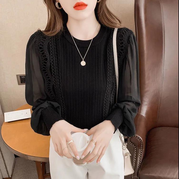Core spun yarn autumn top women's design sense spring and autumn loose long sleeve lace splicing knitted bottomed shirt women's fashion