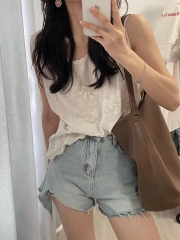 French jacquard cotton linen vest comfortable simple small top sleeveless small shirt