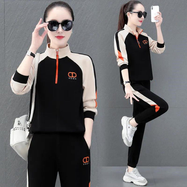 Embroidered sports suit women's spring and autumn new fashion loose large stand collar leisure color matching running two-piece set