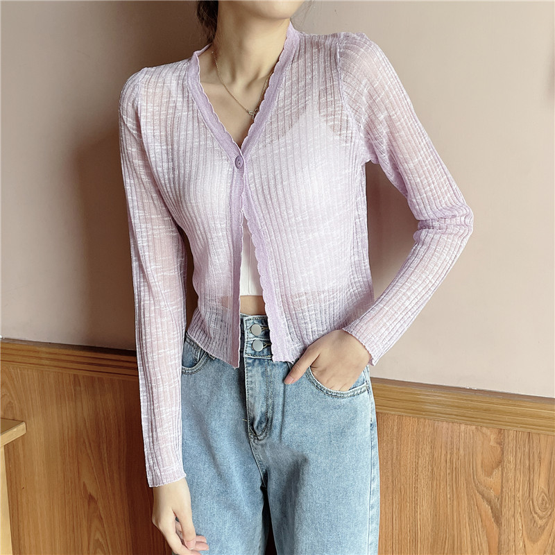 Real photo sunscreen shirt women's thin jacket ice silk knitted cardigan with shawl and suspender jacket in summer