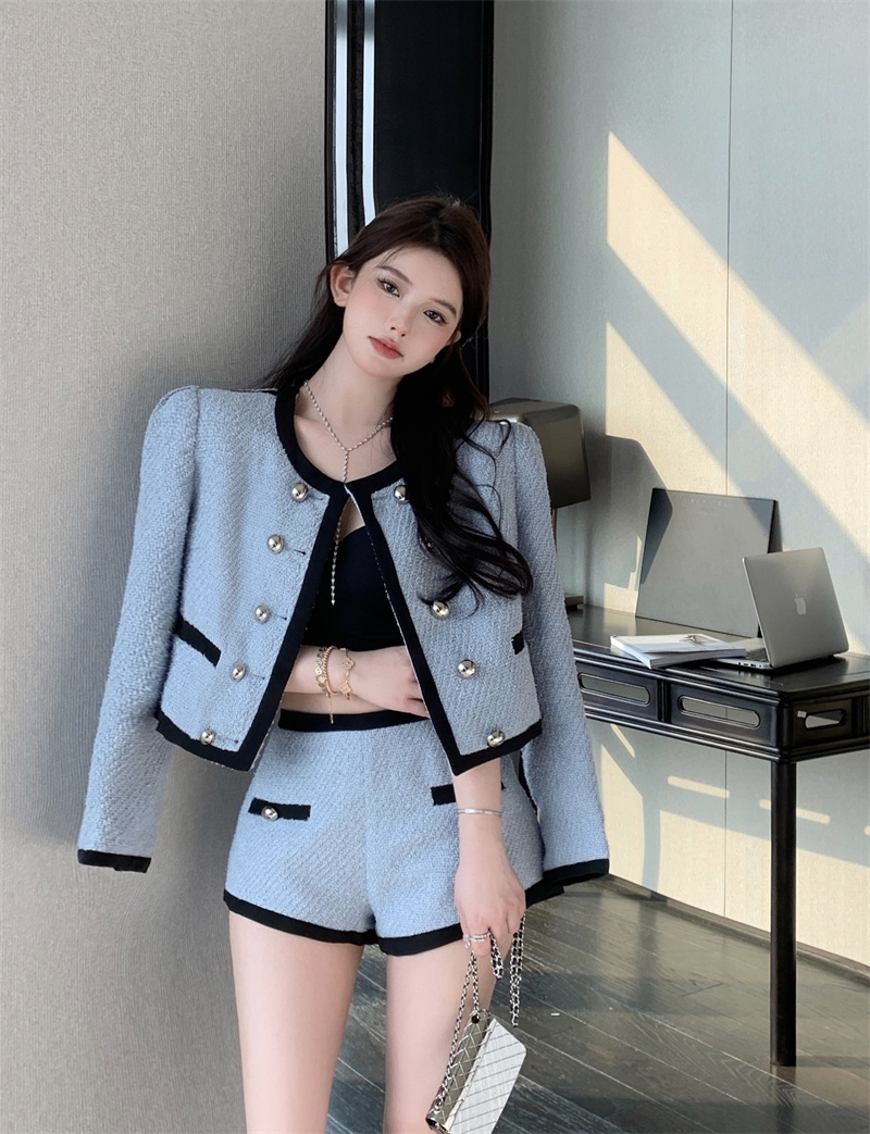 Real shot ~ French retro small fragrance temperament thousand gold fine flash white sky blue suit
