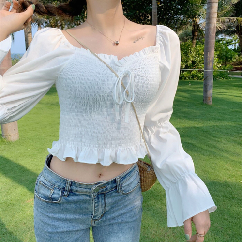 Real photo, real price, design sense, small short shirt, women's foreign style, bubble sleeve, open collar, square collar