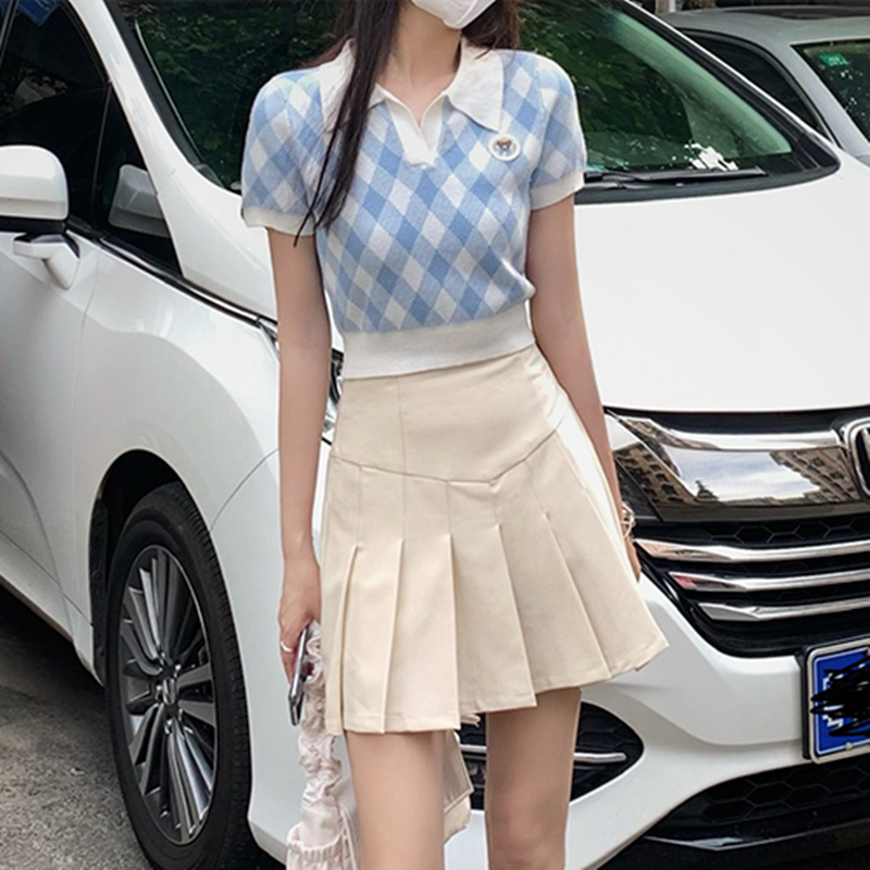 Lingge short top women's polo collar 2022 spring and summer new college versatile short sleeved sweater