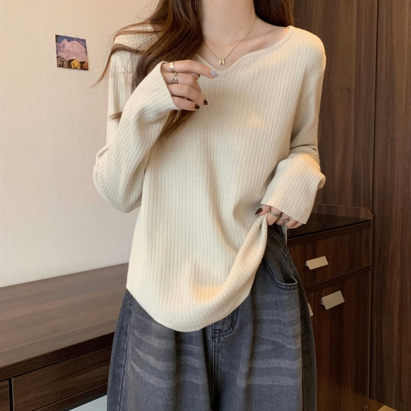 原版做工大碼秋季女裝不規則長袖v領上衣胖MM遮肚顯瘦t恤打底衫