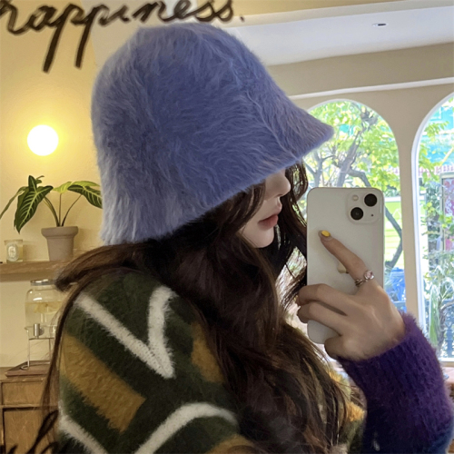 Real shot real price rabbit fur hat retro wild face-covering plush bucket hat female face small autumn and winter fisherman hat
