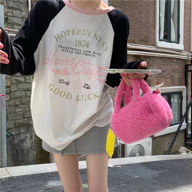 Cotton Retro Contrast Print Long Sleeve T-Shirt Women's Summer Thin Design Versatile Round Collar