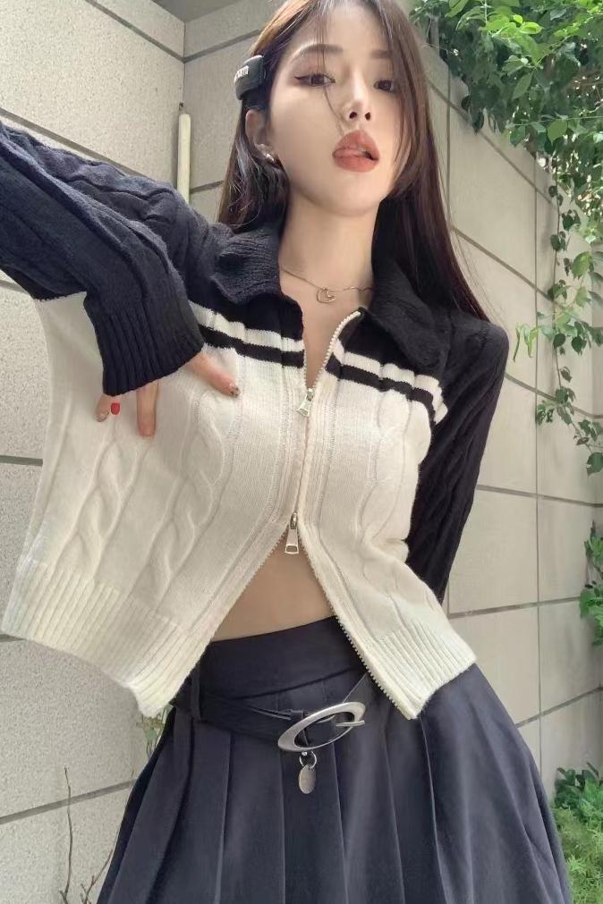 Early autumn 2022 college style girl polo collar zipper bump color knit cardigan Korean version versatile slim short top