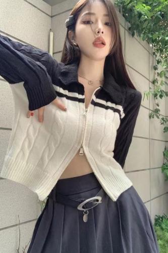 Early autumn  college style girl polo collar zipper bump color knit cardigan Korean version versatile slim short top