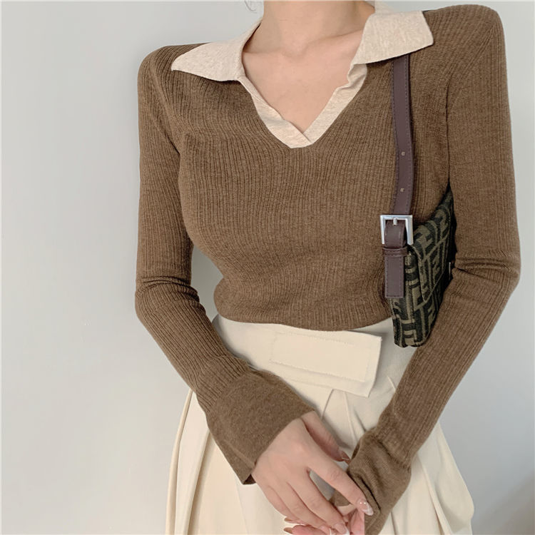 Autumn and winter new long-sleeved knitted bottoming shirts women's sexy v-neck pure desire style inner design niche chic tops