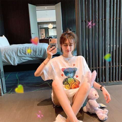 2022 new color bear short sleeve T-shirt women's fashion brand ins summer loose and versatile cartoon couple top