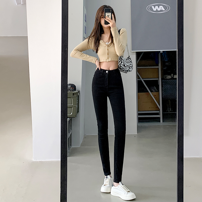 Real shot black jeans women's spring and autumn new high waist elastic slim slim legged tight pencil pants