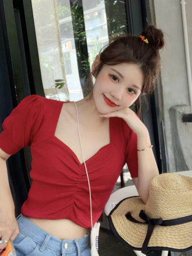 Summer 2020 new Korean version small foreign V-neck bubble sleeve T-shirt women's net red short shirt top