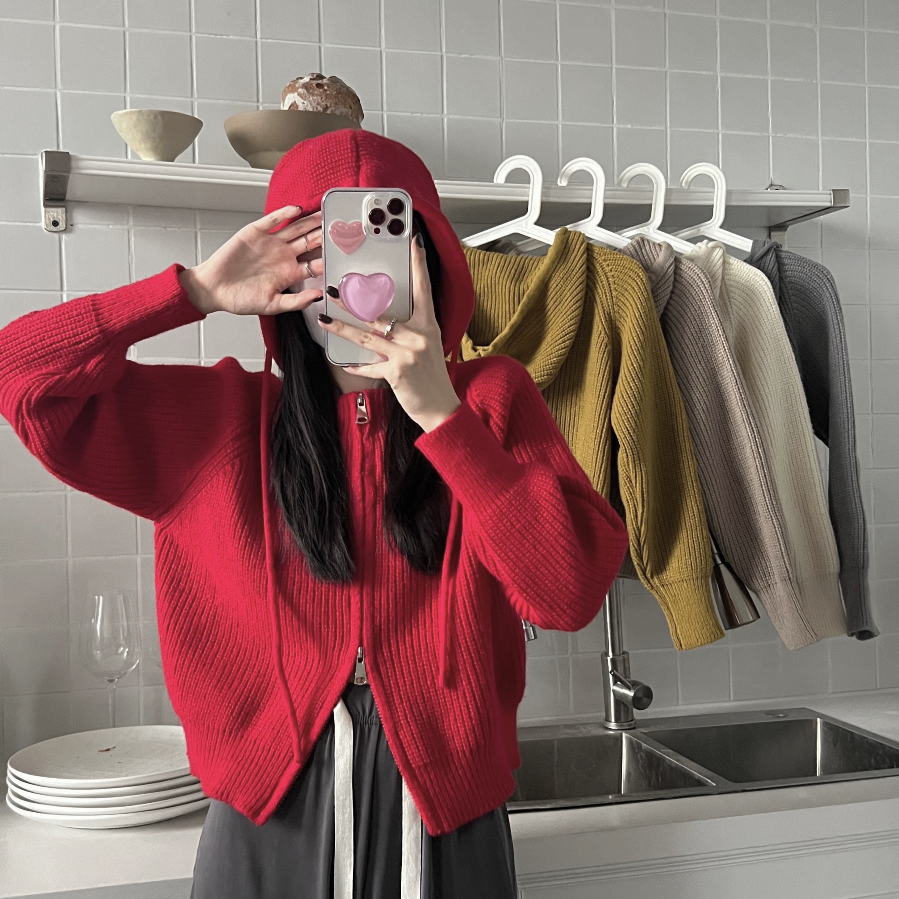 Real price ~ Korean version lazy wind hat double zipper long sleeve loose thin sweater coat