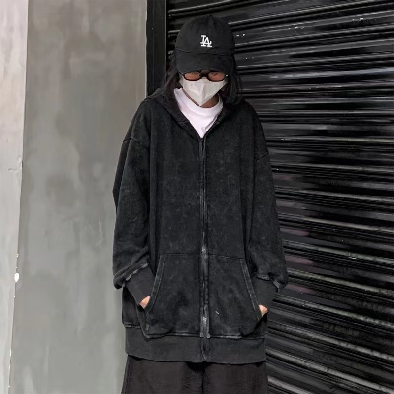 Zipper cardigan sweater tide brand ins retro couple washed old hoodie jacket men and women with the same style
