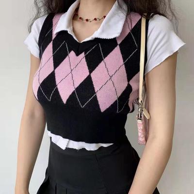 American retro contrast rhombic Plaid knitted vest vest vest women's College style collar sleeveless top